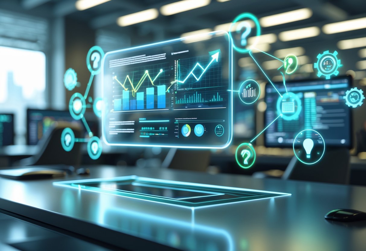 A futuristic workspace with a holographic display showing charts and icons related to growth hacking and data analysis.