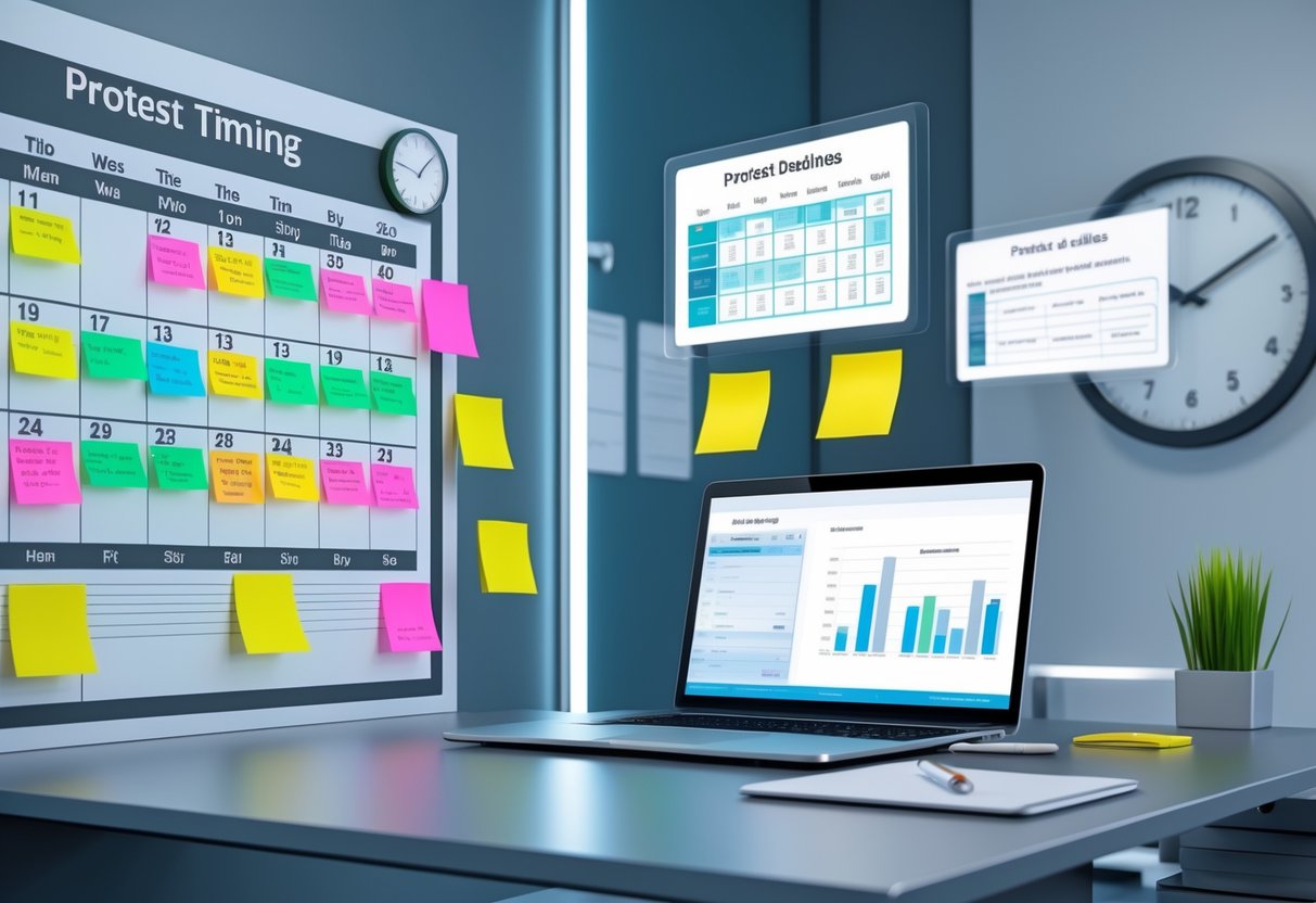 An office scene with a digital calendar, clock, laptop, and holographic screens showing schedules and procedures related to protest timing and deadlines.