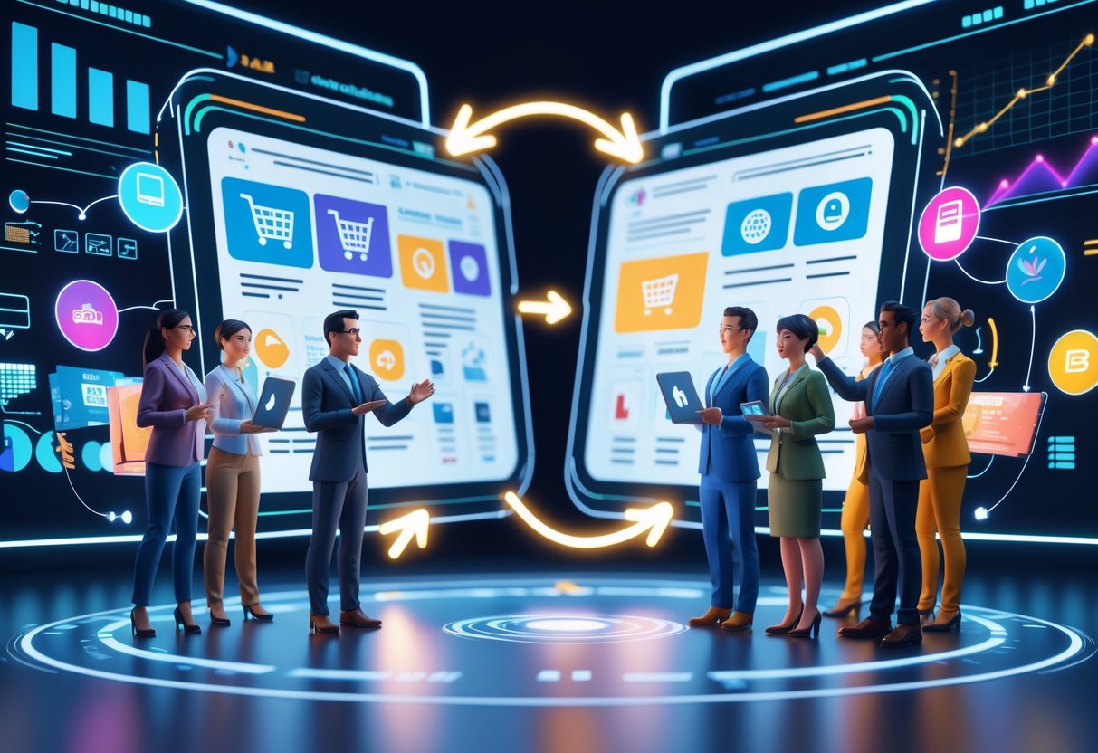 Two teams working together around a digital interface with connected icons representing marketing and promotion.