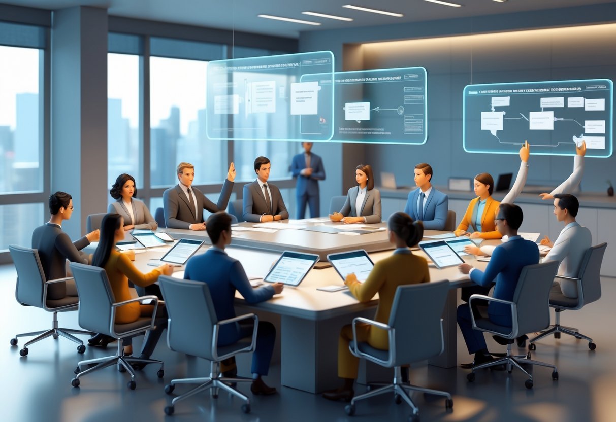 A group of professionals around a conference table reviewing documents and digital charts in a modern office during a meeting.