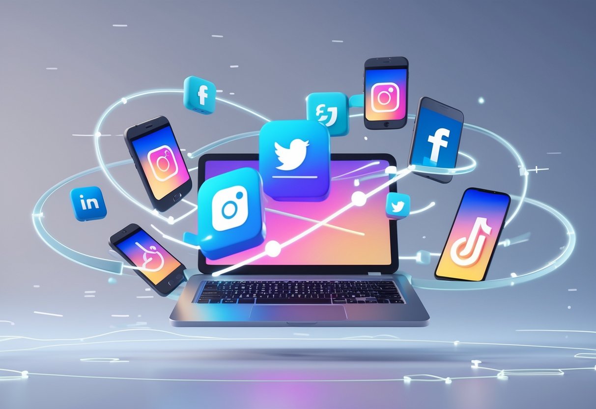 A 3D scene showing multiple digital devices connected by glowing arrows, each displaying icons of different social media platforms, illustrating cross-promotion and interaction between them.