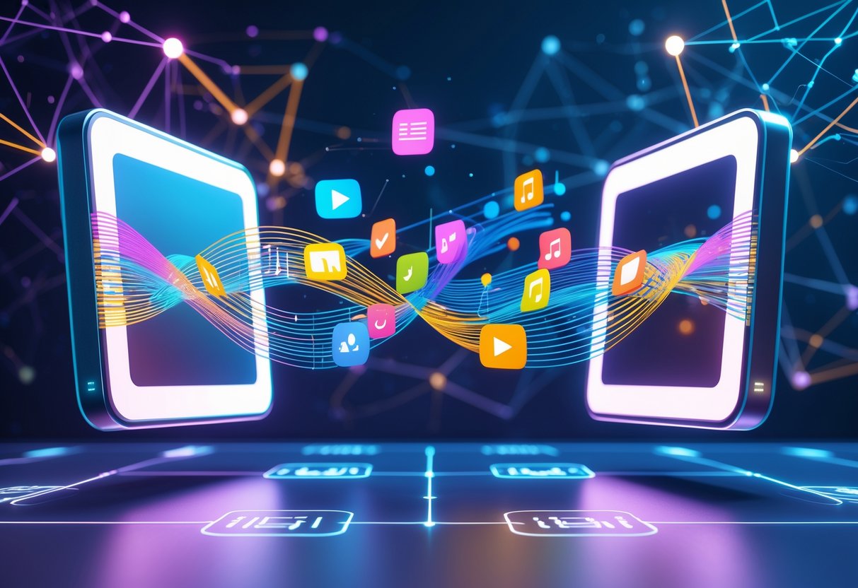Two futuristic digital screens connected by flowing streams of colourful content icons in a high-tech environment.