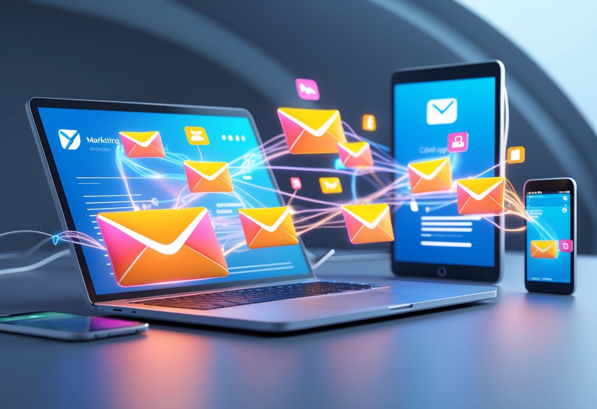 A 3D scene showing multiple digital devices connected by glowing lines with email and marketing icons floating around them.
