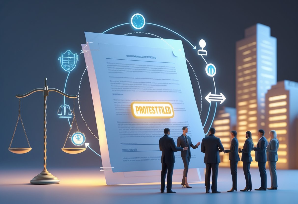 A 3D scene showing a legal document with a glowing seal surrounded by symbols of justice, a courthouse, a clock, and people discussing, set against a cityscape background.