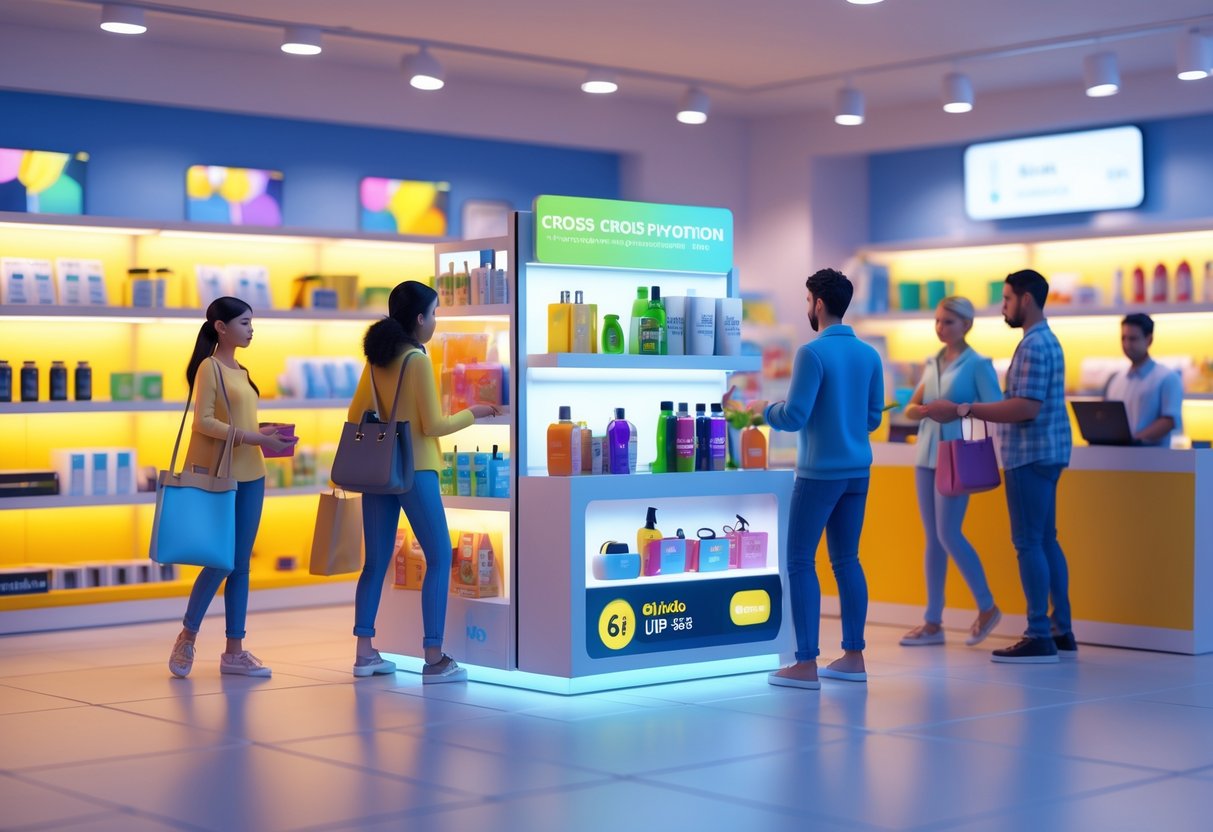 A busy retail store interior with shoppers browsing promotional product displays combining different items to encourage cross-purchasing.