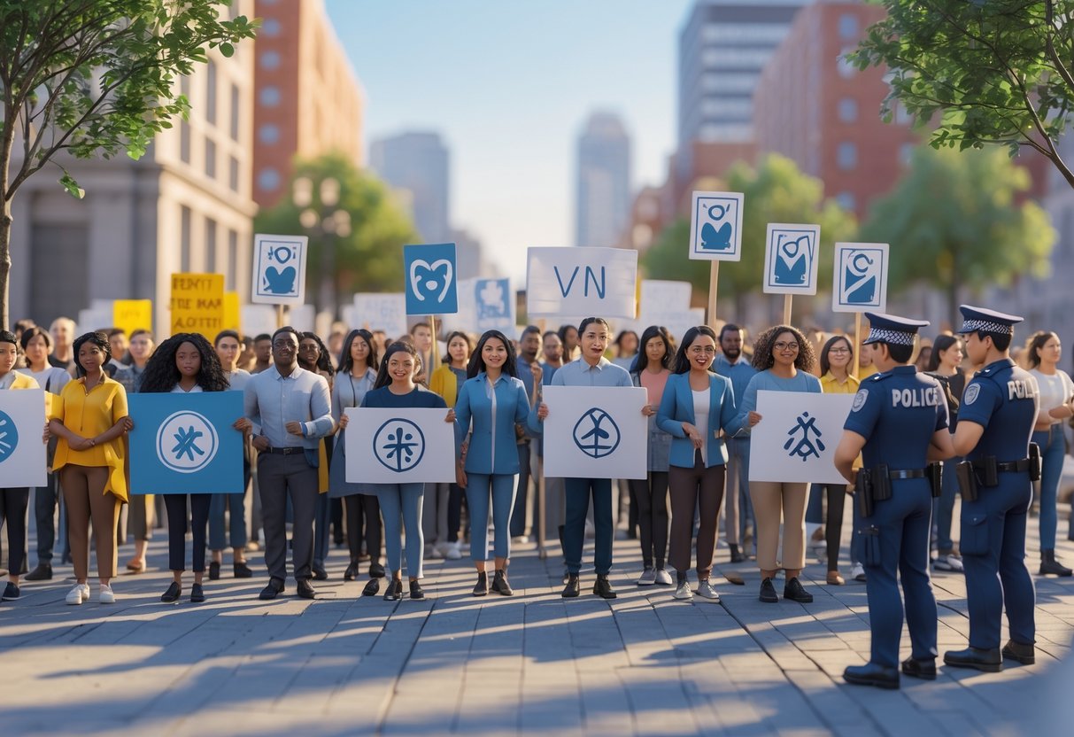 A peaceful protest with diverse people holding symbolic signs, standing calmly in an organised way, with police officers nearby in a city environment.