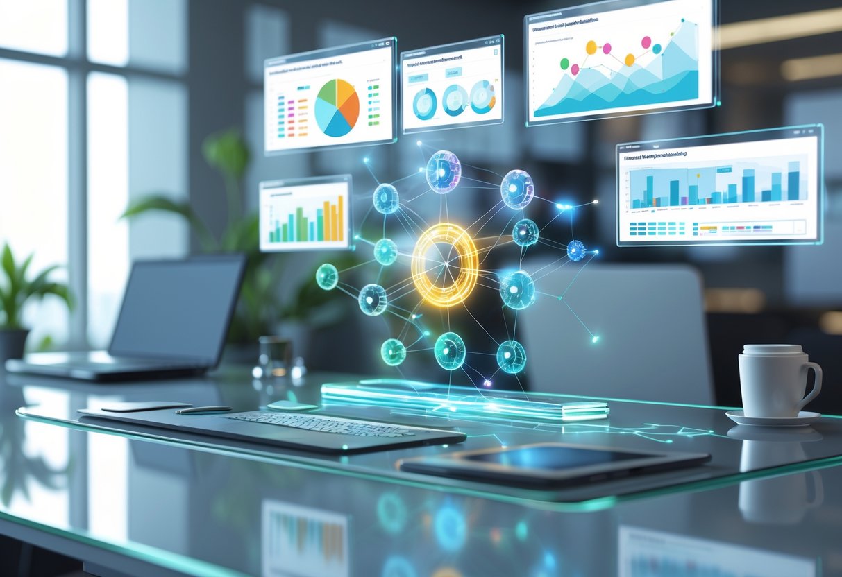 An office desk with floating digital screens showing graphs and network diagrams analysing marketing data.