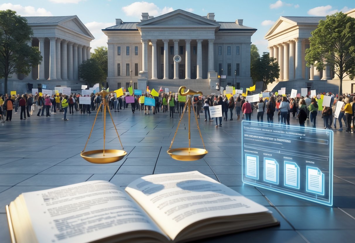A public square with people peacefully protesting, surrounded by government buildings, with scales of justice and an open law book symbolising legal oversight.