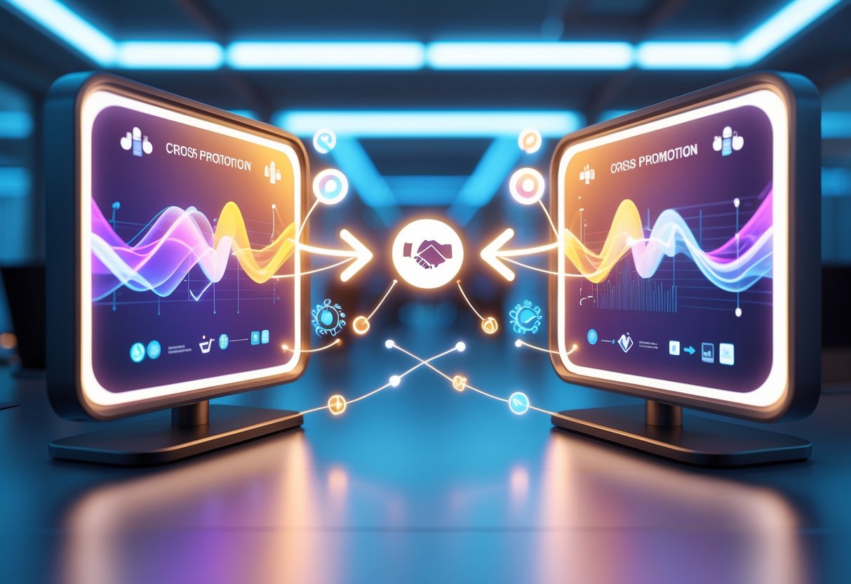 Two interconnected digital screens in a modern office showing symbols of partnership and growth with glowing arrows between them.