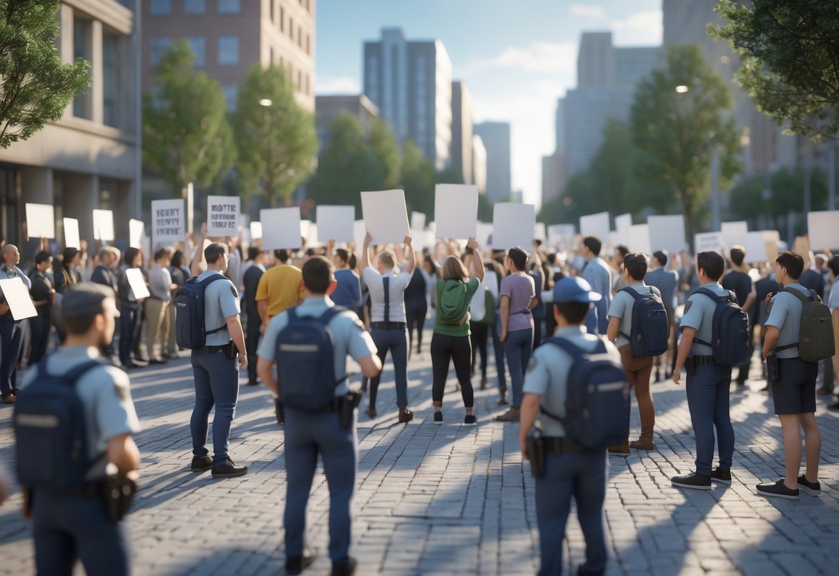 A peaceful protest in a city with diverse people holding signs and banners, some talking and others raising fists, with police officers nearby keeping order.