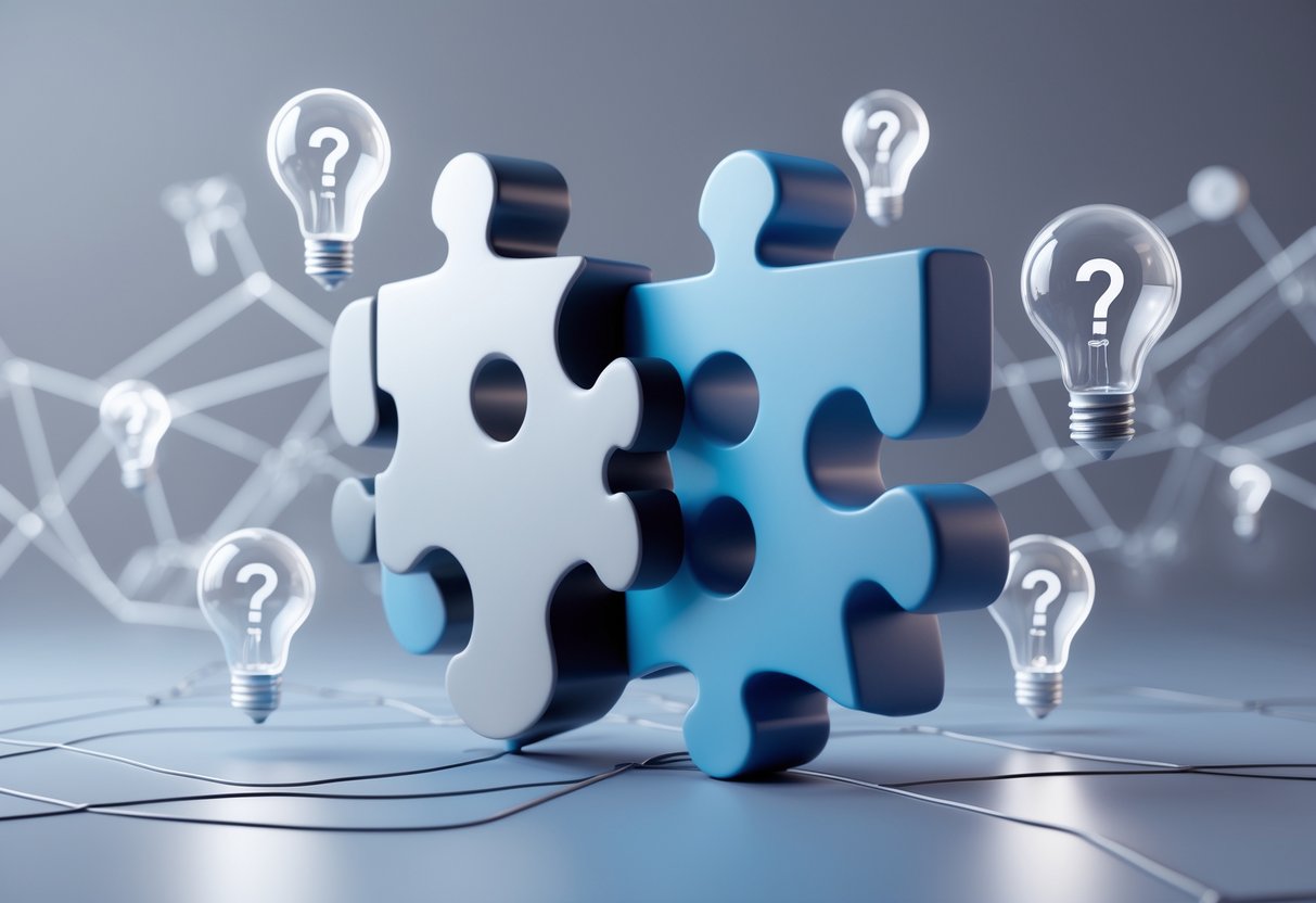 Two interlocking puzzle pieces surrounded by floating question marks and lightbulbs, symbolising collaboration and sharing of frequently asked questions.