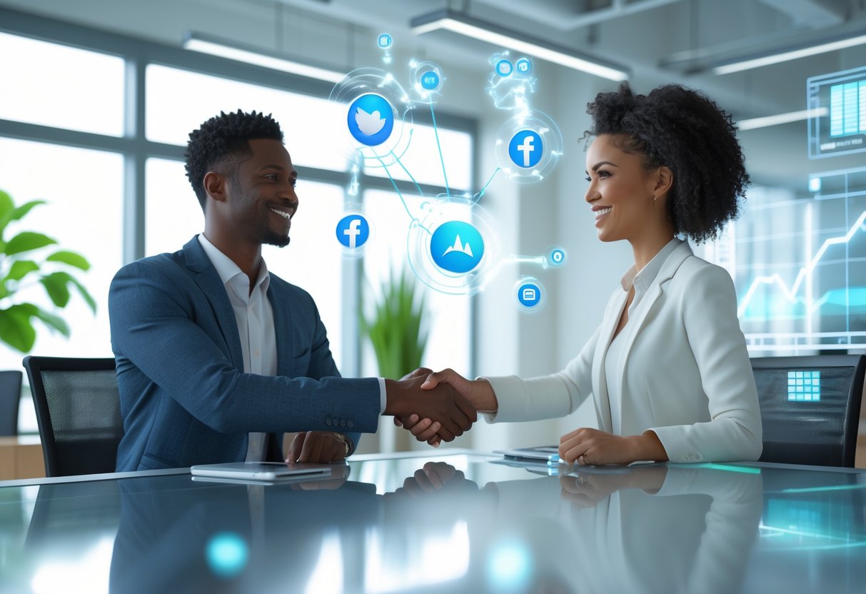 Two people shaking hands across a glass table in a bright office with floating digital icons representing social media and growth.