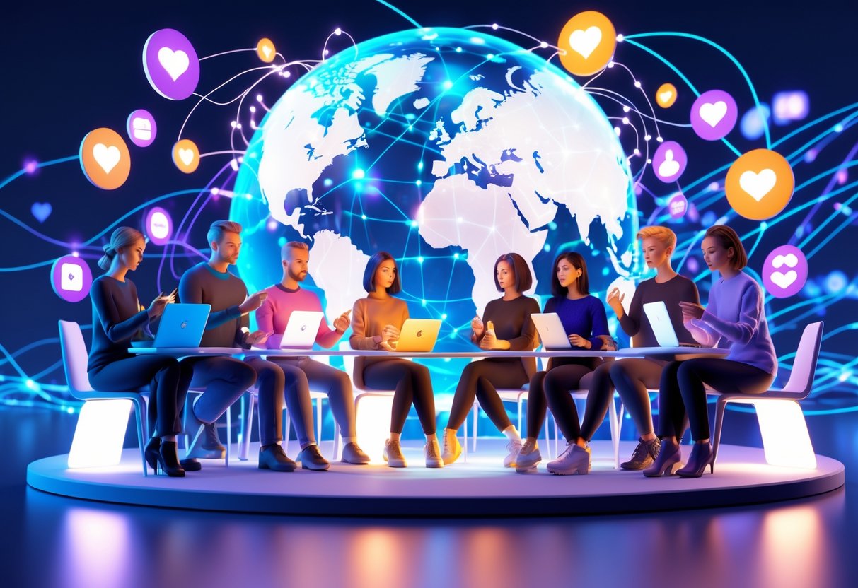 A group of diverse influencers using digital devices surrounded by floating social media icons and a glowing globe connected by network lines, symbolising global brand exposure.