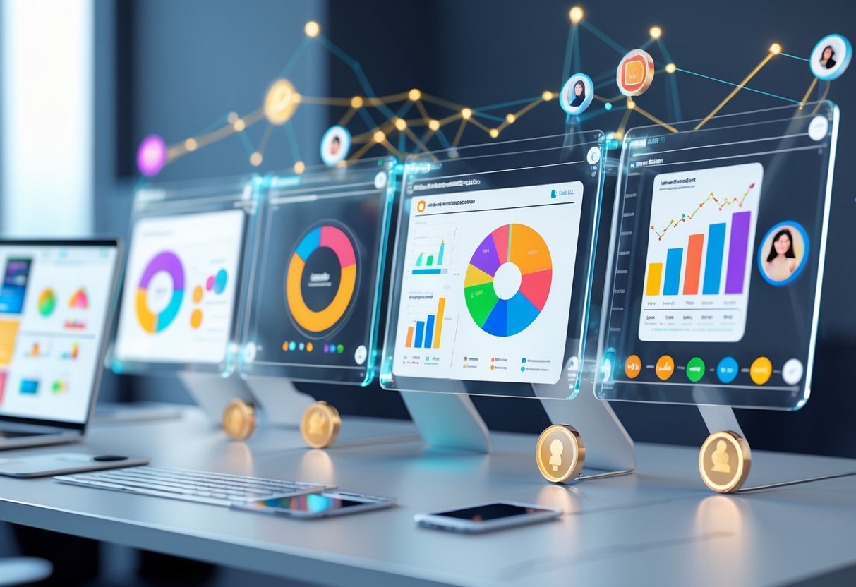 A digital marketing workspace with holographic screens showing graphs and charts about influencer partnerships and campaign effectiveness.