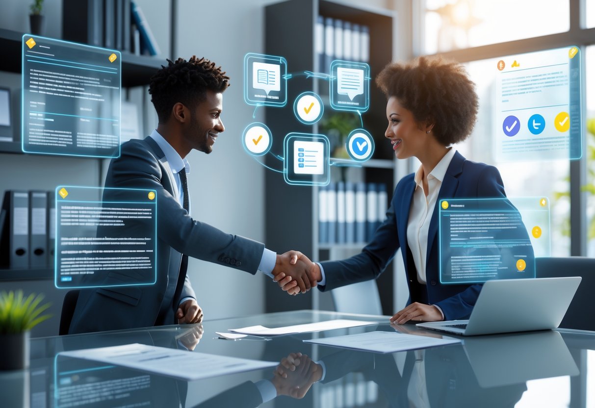 Two business professionals shaking hands across a table with floating digital icons representing contracts and ethical guidelines in a modern office.