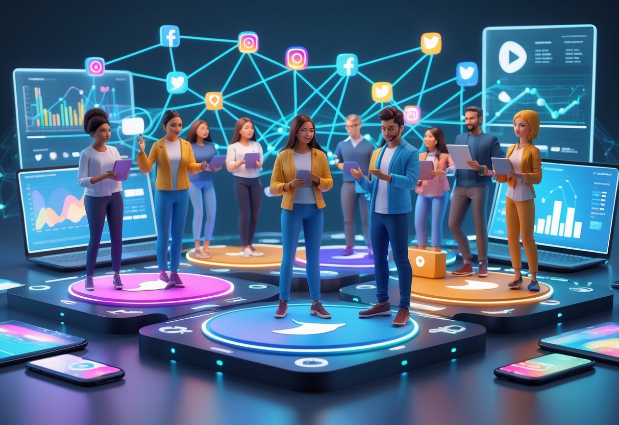 A group of digital avatars representing influencers connected across various social media platforms with glowing lines, surrounded by holographic charts and digital devices in a futuristic digital environment.