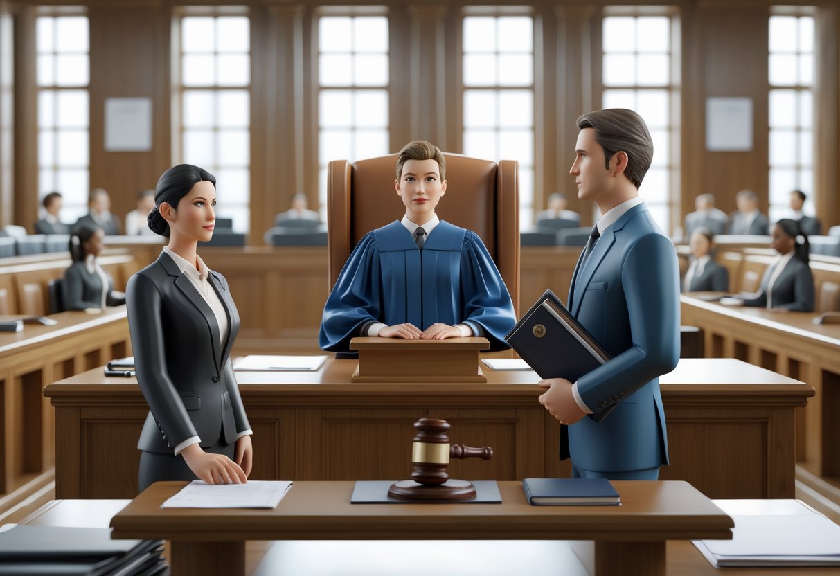 A courtroom scene showing a judge, an appellant, an appellee with their legal counsel, and court staff during an appeal hearing.