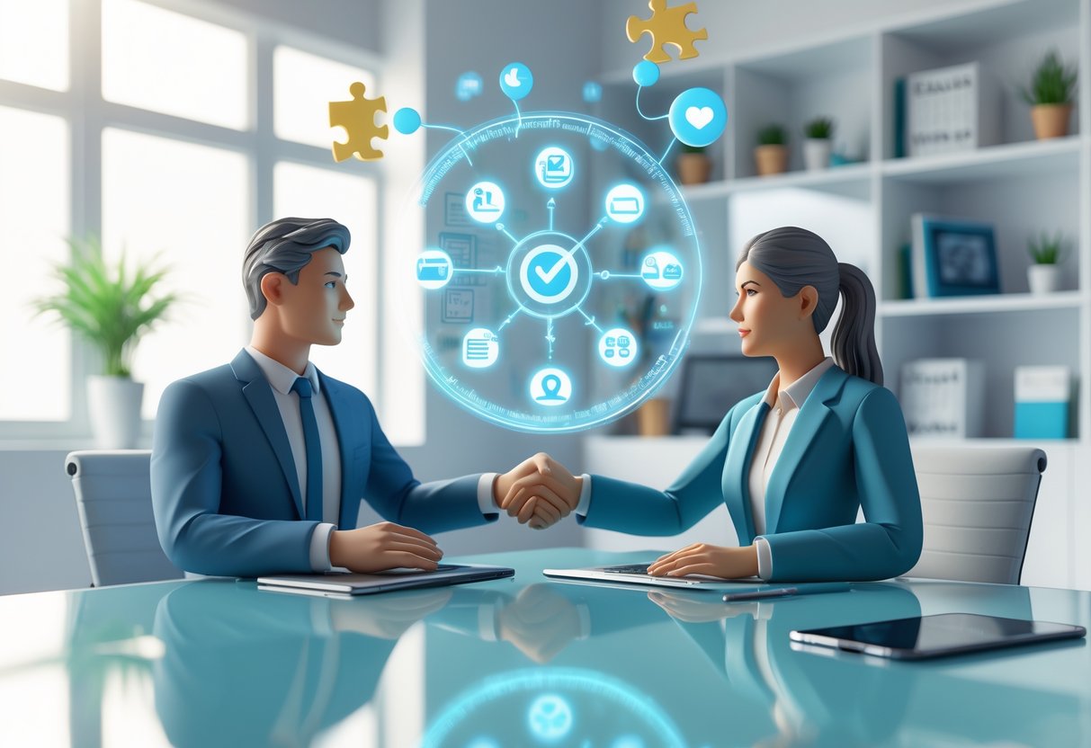 Two professionals sitting at a table in an office, discussing and collaborating with digital icons floating between them representing communication and partnership.