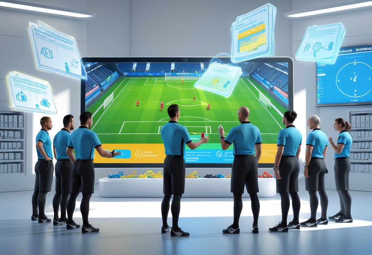 A group of referees in training uniforms gathered around a large digital display showing a football pitch with highlighted rule updates in a bright training room.