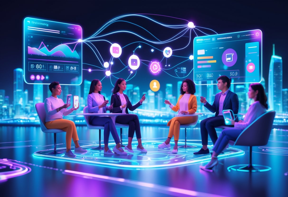A futuristic scene showing diverse influencers connected by glowing digital streams, interacting with holographic interfaces in a modern city setting.