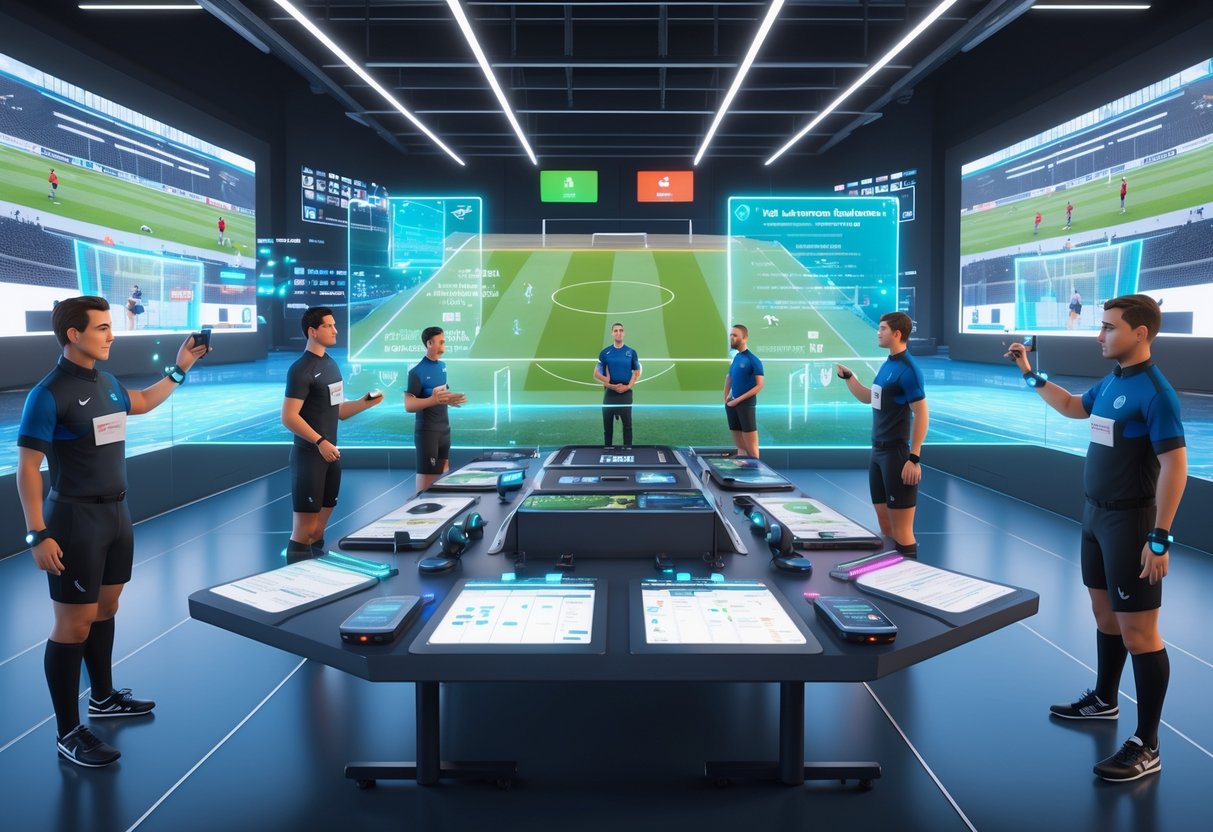 A group of referees training in a high-tech room with digital screens, wearable devices, and holographic displays showing game footage and rules.