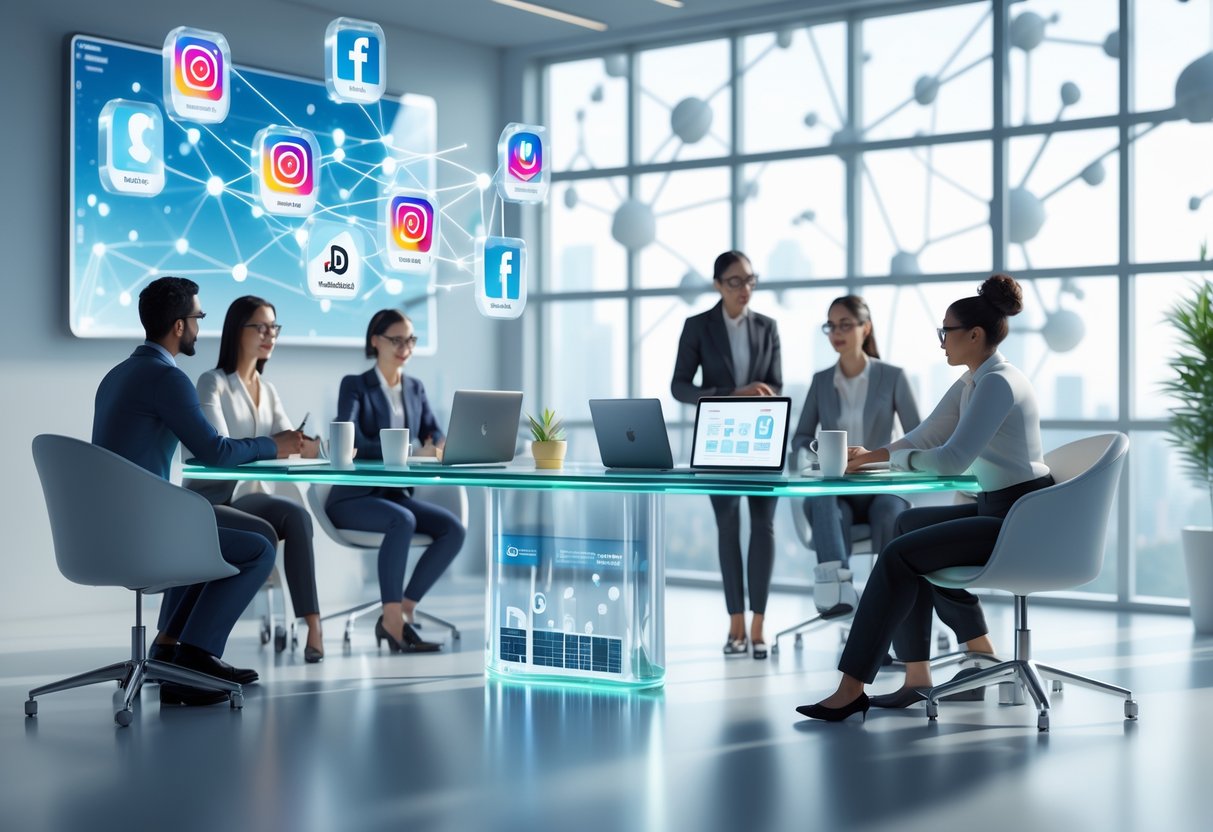A group of people working together around a table with digital devices and floating social media icons in a modern office setting.