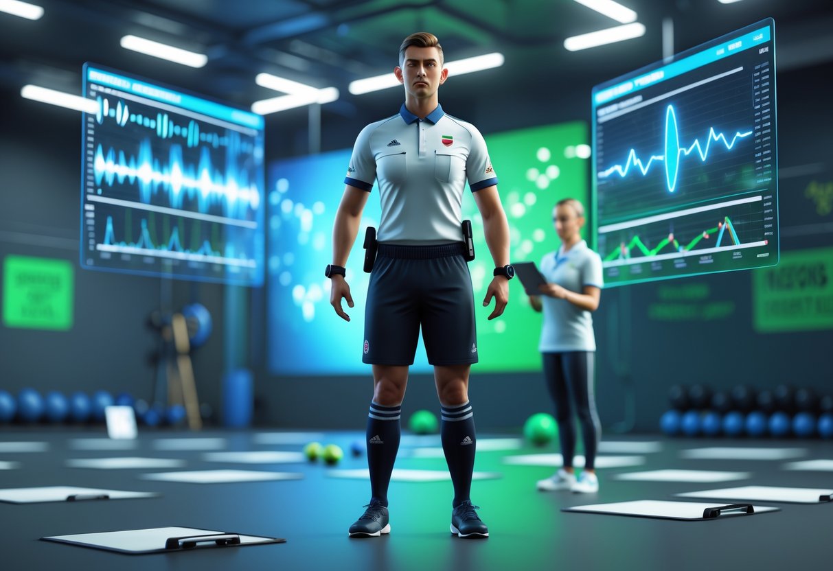 A referee in uniform focused during mental toughness training in a modern facility with holographic brainwave displays and a coach guiding breathing exercises.