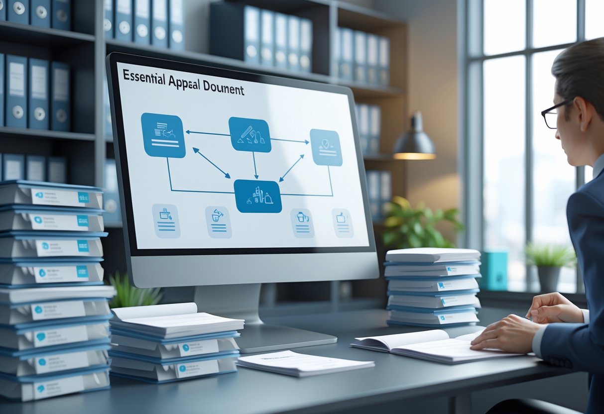 A person reviewing documents at a desk with a computer showing a flowchart of an appeal process in a well-organised office setting.
