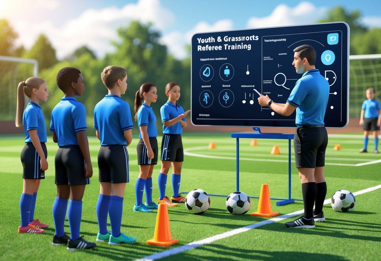 A group of young referees on a football pitch being trained by an experienced referee instructor with training equipment and a digital board showing referee guidelines.