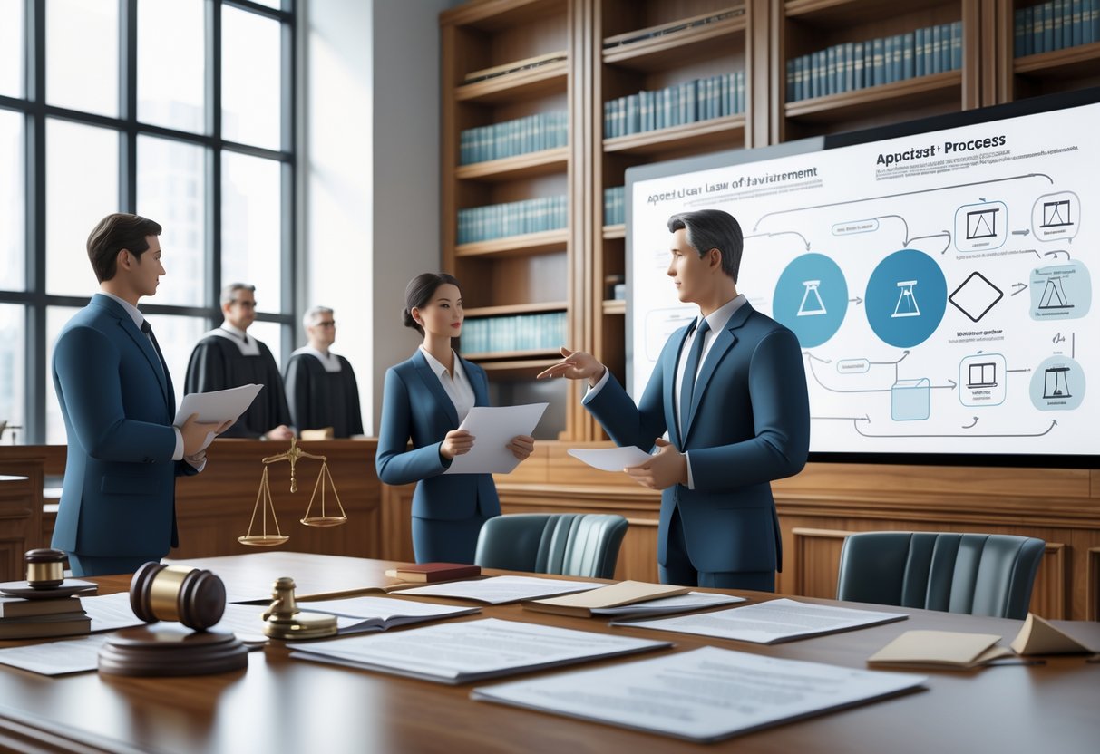 A courtroom scene showing lawyers discussing legal documents in front of judges reviewing cases, with law books and symbols of justice around them.