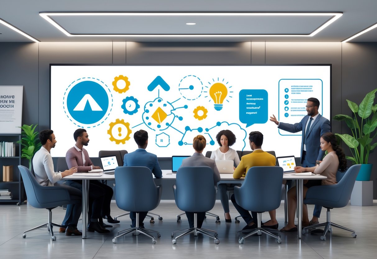 A group of people in a modern conference room engaged in a professional training session with a mentor presenting on a digital screen, surrounded by laptops and notebooks.