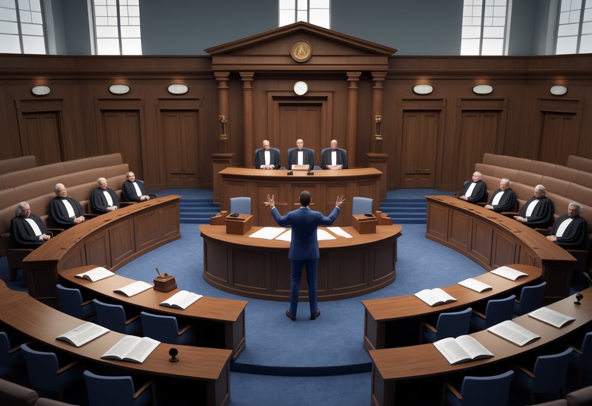 A courtroom scene showing three judges on a bench listening to a lawyer presenting oral arguments during an appeal.