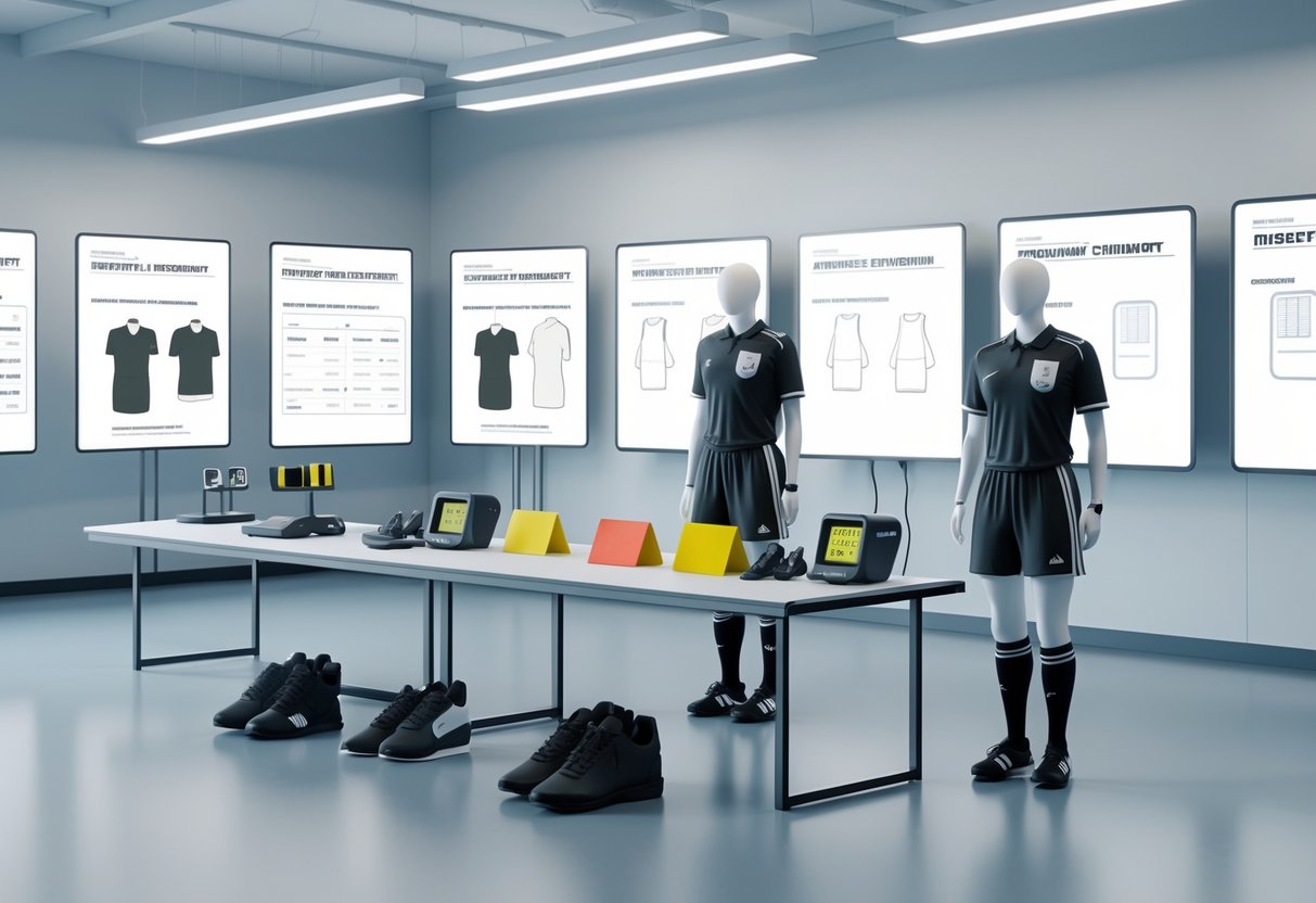 A sports training room with mannequins wearing official referee uniforms and various referee equipment displayed on a table.