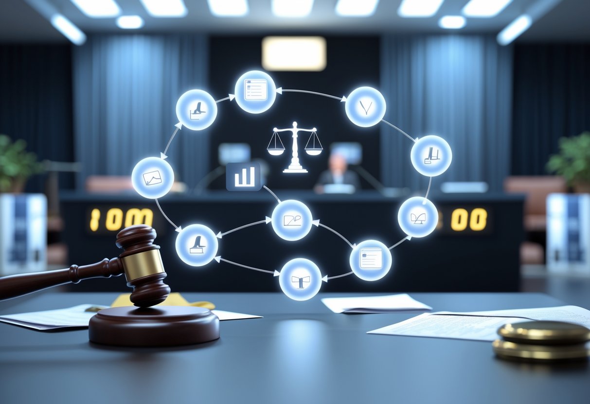 A 3D scene showing a courtroom with a floating flowchart of interconnected symbols representing different appeal outcomes such as denied, upheld, remanded, and settled.