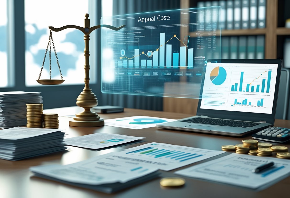 An office desk with floating financial charts and legal documents, a balanced scale with coins nearby, representing appeal costs and financial considerations.
