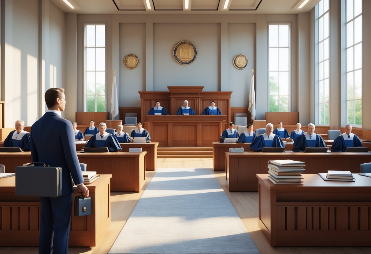 Interior of an appellate courtroom with judges seated and a lawyer packing documents after a decision.