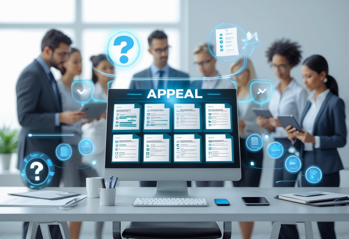 A 3D scene of an office with a desk, computer screens showing documents, floating icons like question marks and checklists, and people discussing paperwork, representing an appeal process.