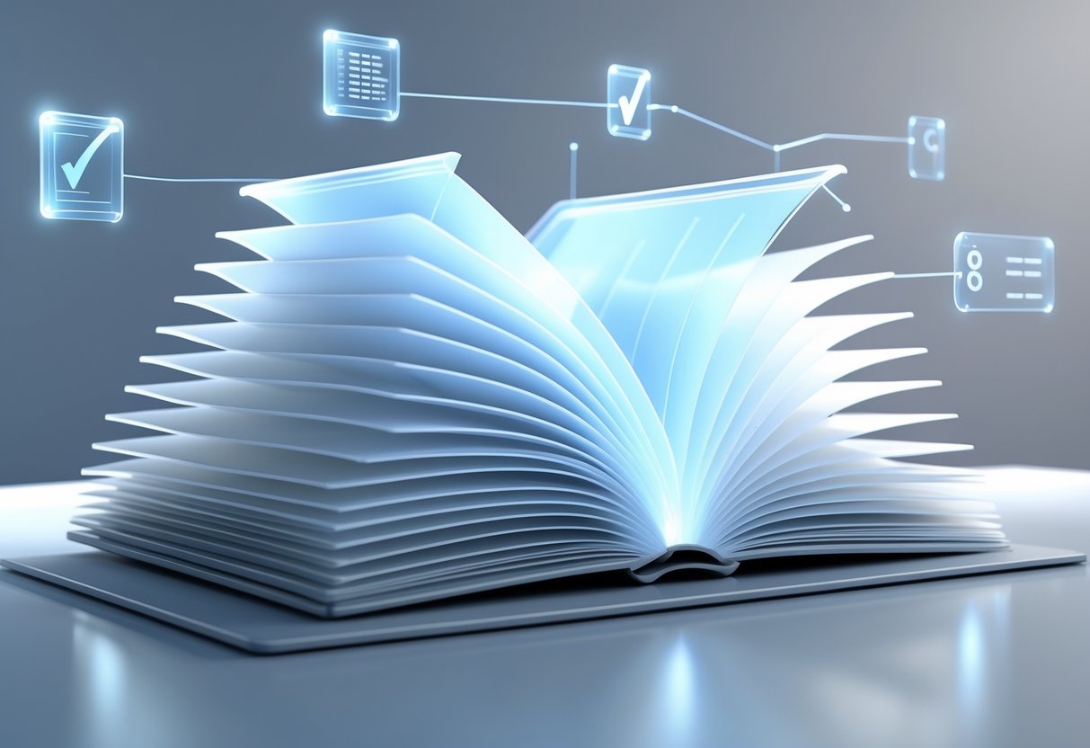 An open book with neatly arranged translucent pages glowing softly, resting on a smooth surface with floating icons symbolising clarity and organisation around it.