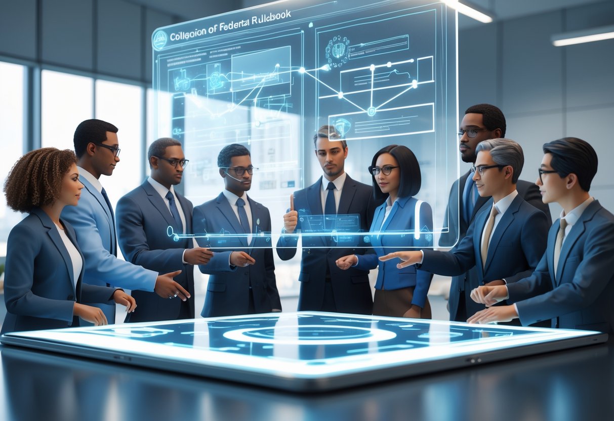 A group of government officials working together around a digital rulebook interface in a modern office, showing teamwork in developing clear rules.