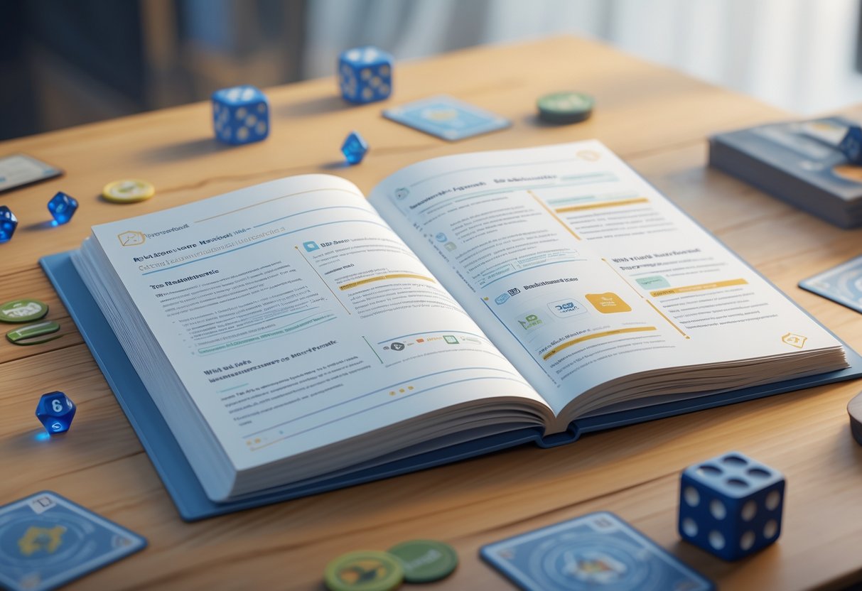 An open rulebook on a wooden desk surrounded by game pieces, showing a clear and organised layout designed for easy understanding.