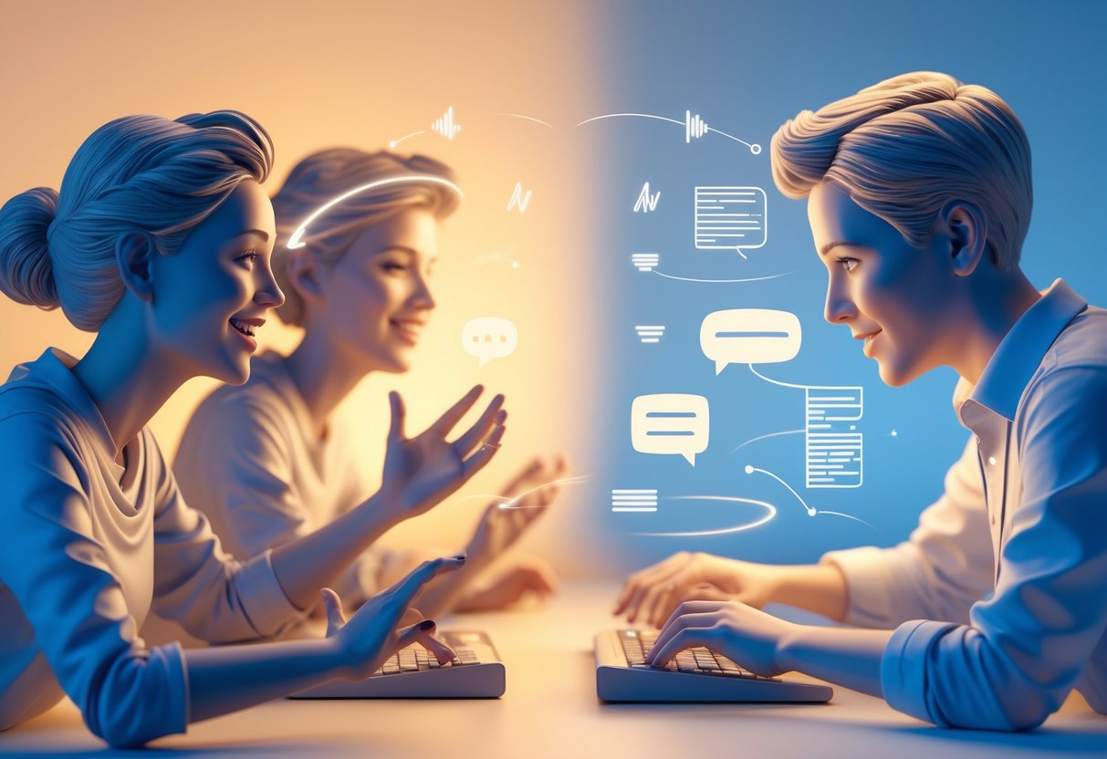 Two people talking with expressive gestures on one side and a person reading or typing on the other side, showing the difference between spoken and written communication.