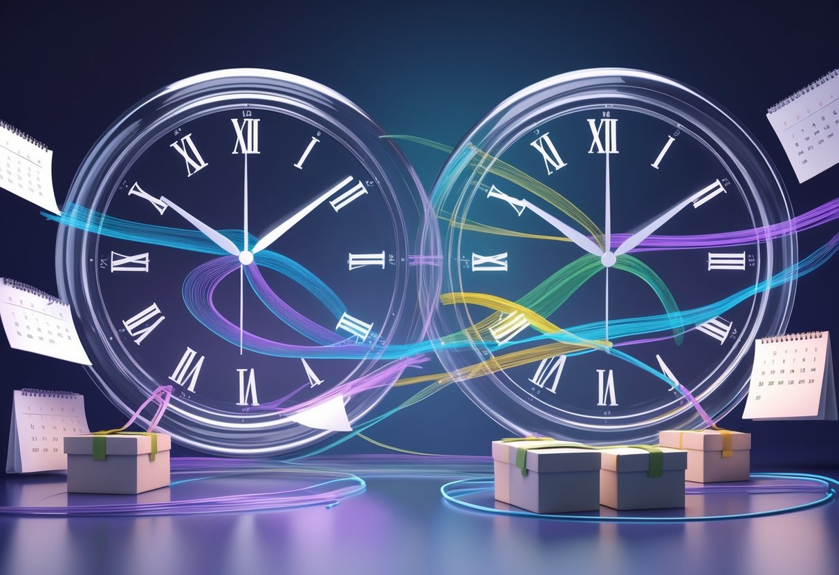 Two transparent clocks showing different times connected by colourful arrows and floating calendar pages and delivery boxes, illustrating differences in timeframes and delivery interpretations.