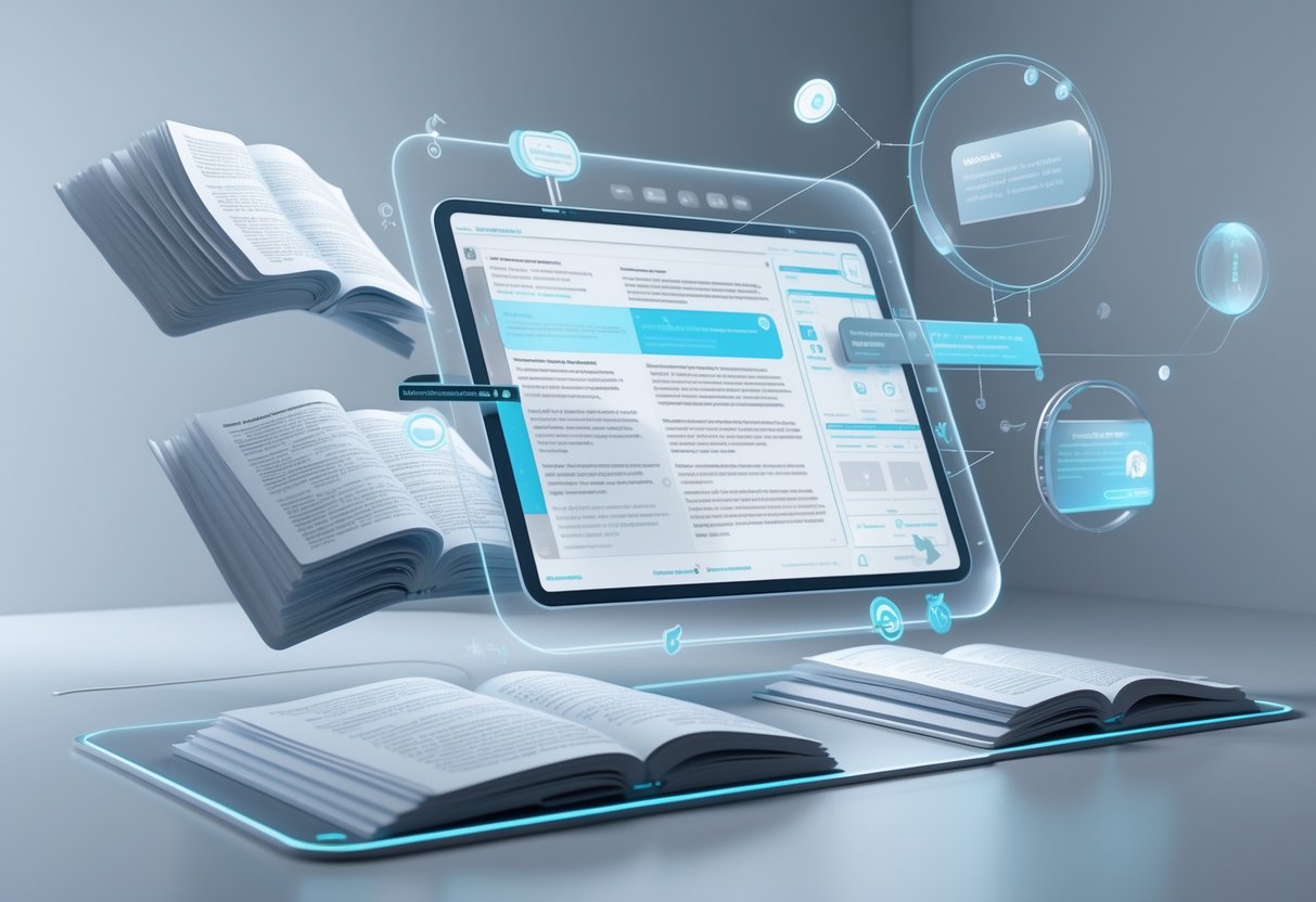 A 3D scene showing a futuristic digital workspace with a transparent touchscreen displaying a multi-layered rulebook and interactive navigation tools like tabs, bookmarks, and magnifying icons.