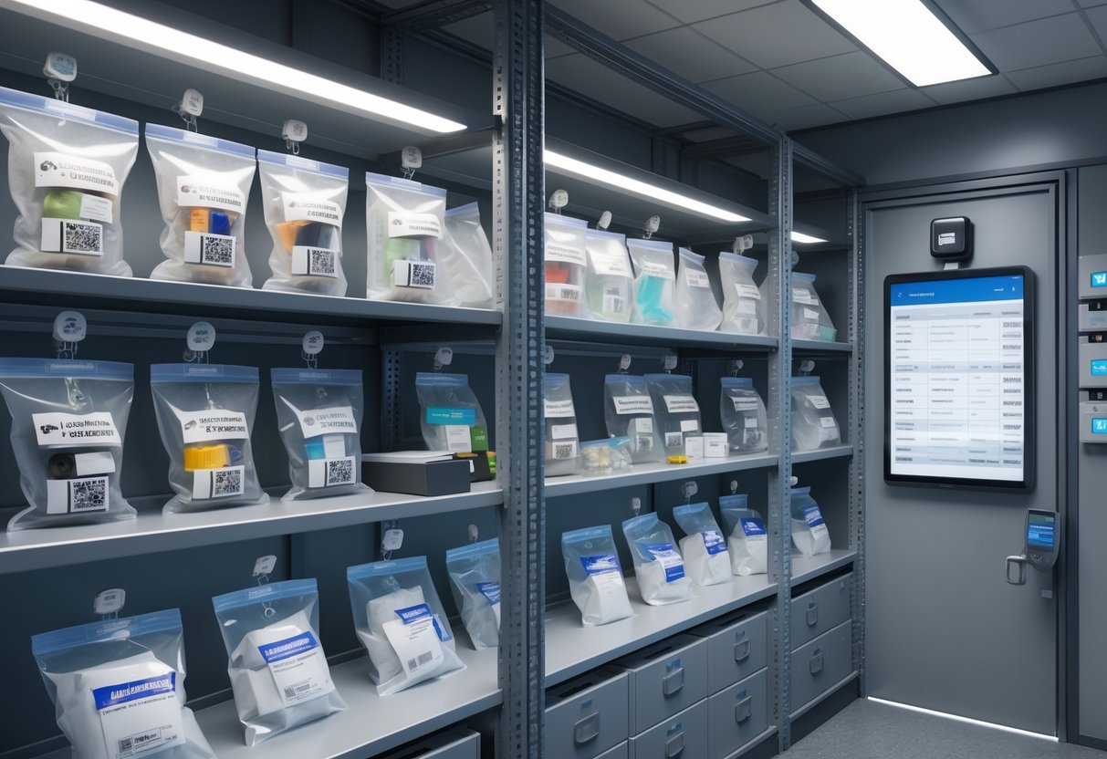 A secure evidence storage room with sealed evidence bags on shelves, security cameras, biometric access panels, and a digital tracking device showing evidence handling history.