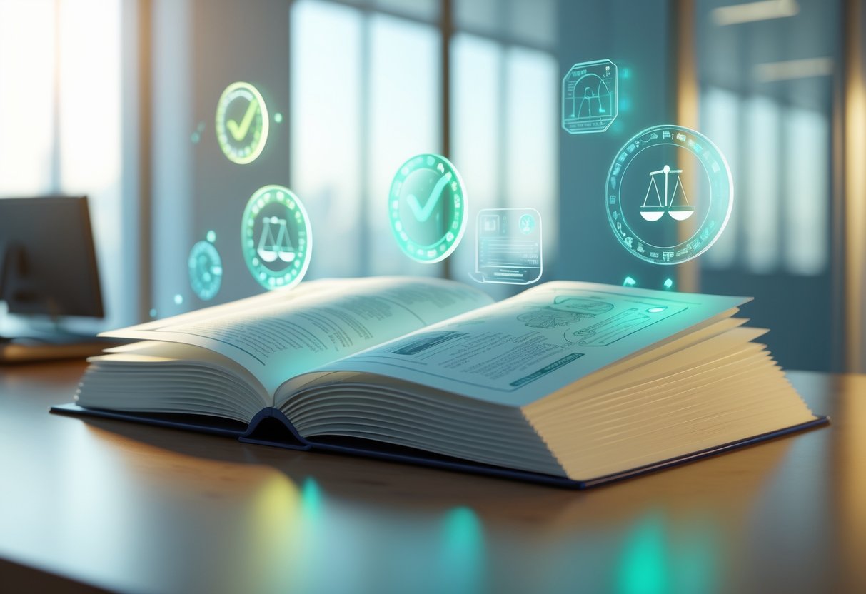 An open rulebook with semi-transparent pages on a wooden desk, surrounded by floating icons of checkmarks, scales, and magnifying glasses in a bright office environment.