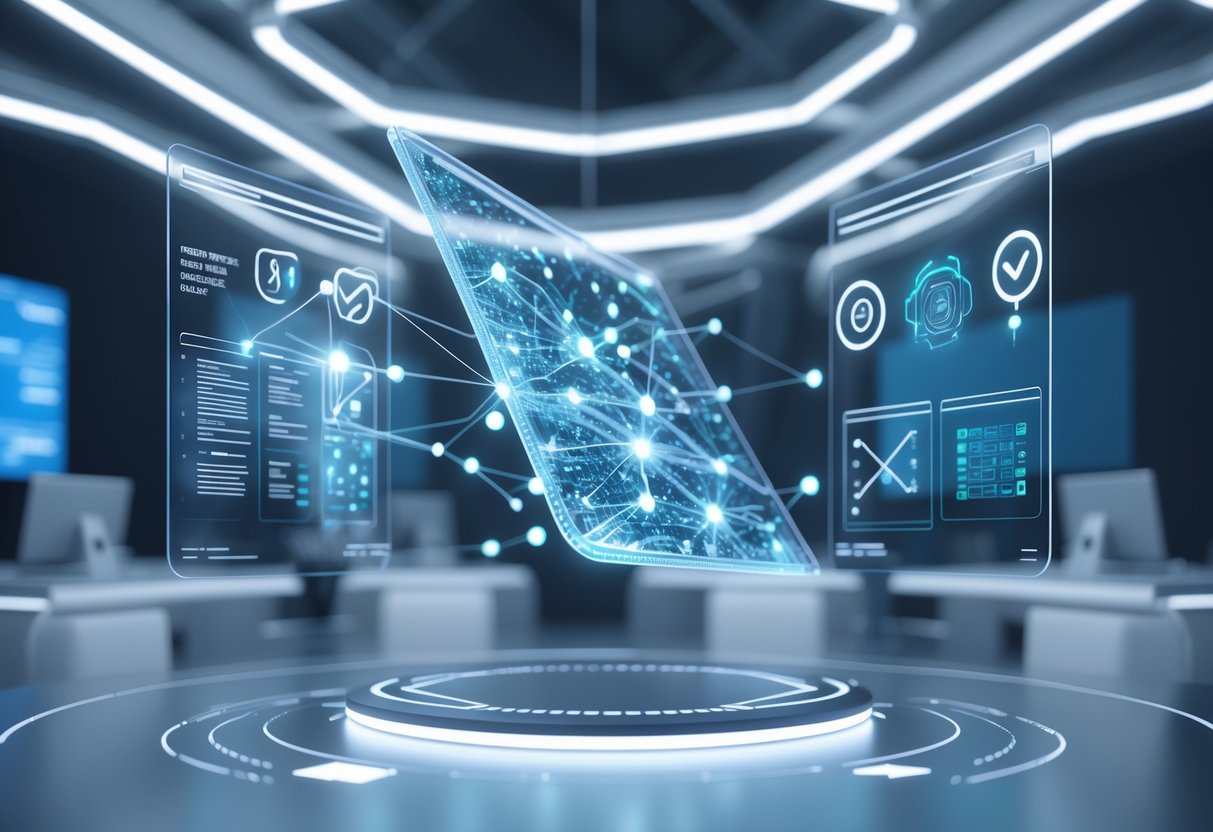 A futuristic digital workspace showing a transparent floating interface with glowing lines and icons representing clear and organised financial regulations.