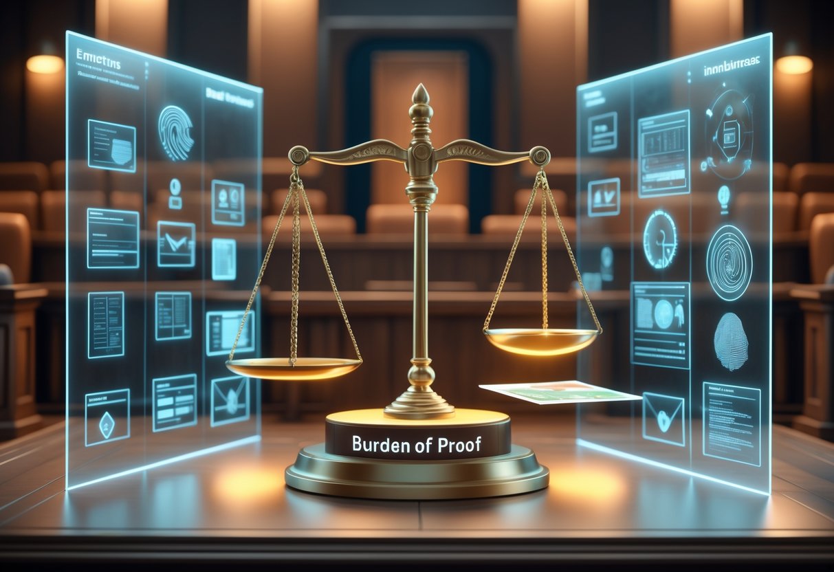 A 3D scene showing a balanced scale of justice with weights and floating evidence icons in a courtroom setting.