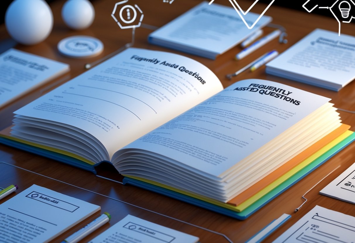An open rulebook on a wooden desk with colourful tabs and abstract icons representing clarity and understanding around it.