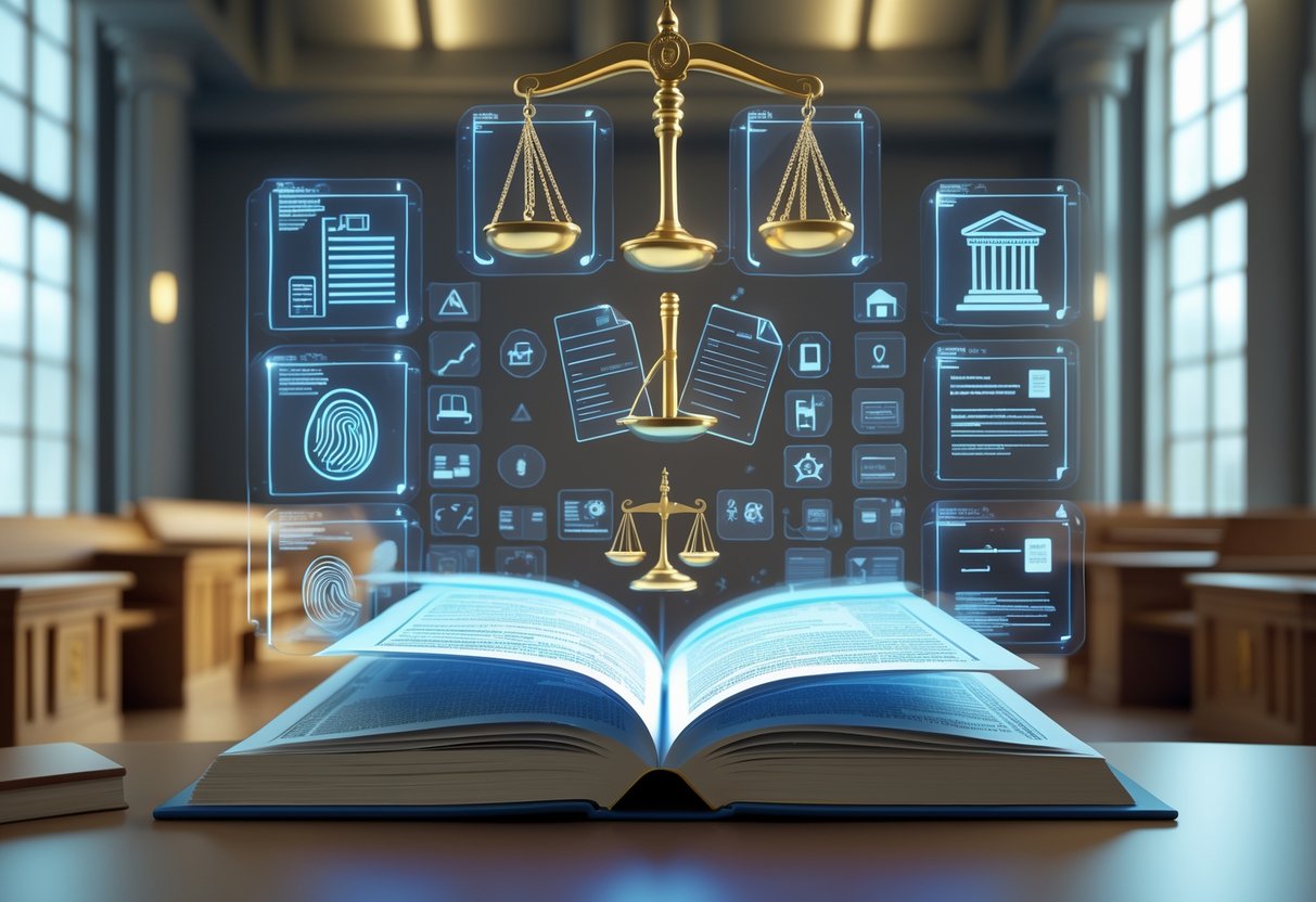 A 3D scene showing an open law book with floating scales of justice and holographic evidence icons in a courtroom setting.