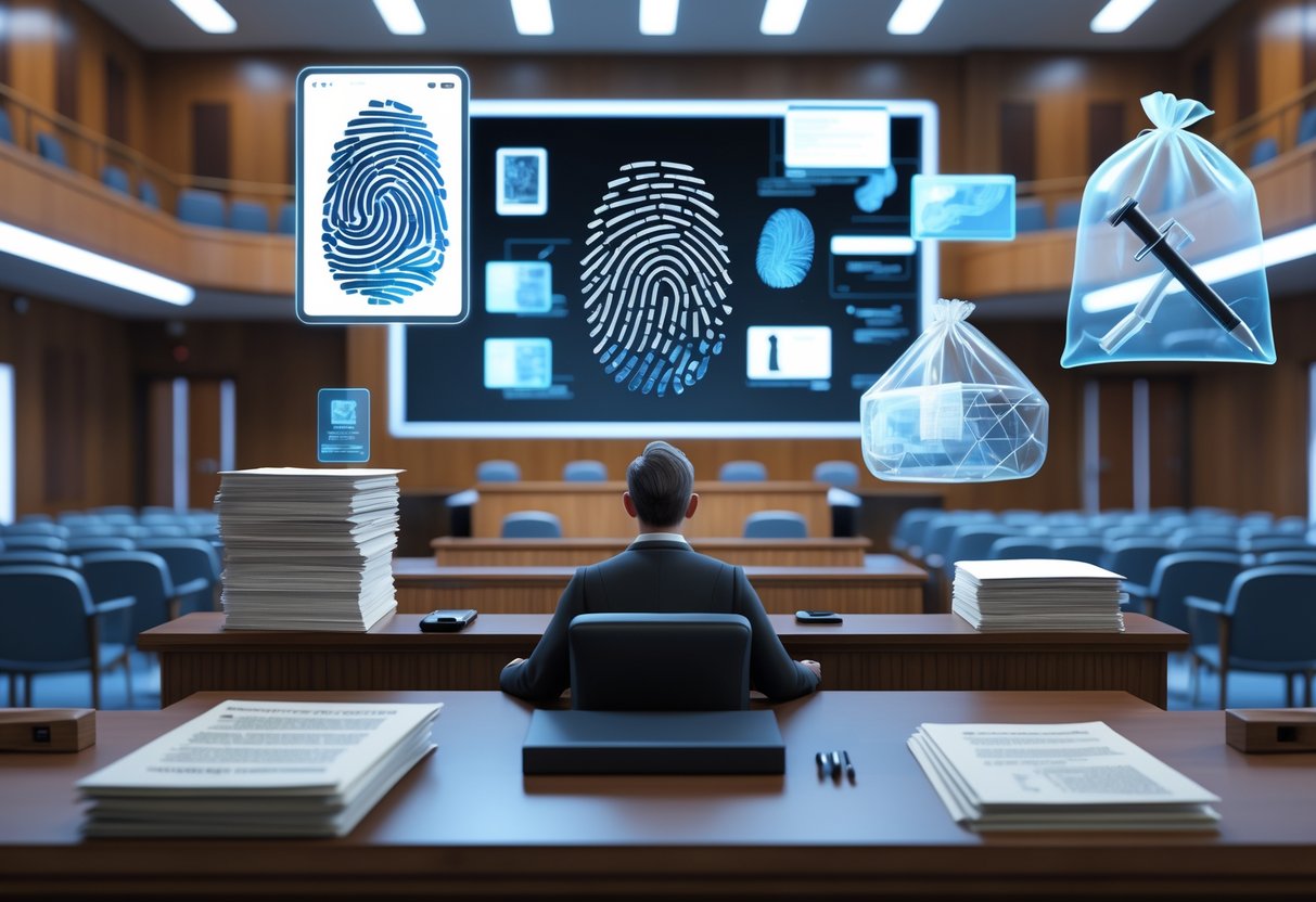 A courtroom scene showing a judge reviewing evidence with holographic 3D models of fingerprints, DNA, surveillance footage, and a sealed evidence bag floating above the bench.